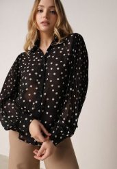Czarna Bawełniano-Wiskozowa Koszula w Groszki z Plisowanymi Rękawami Ronan. Czarne bluzki damskie Born2be, m, bez wzorów, z bawełny, bez kołnierzyka, bez ramiączek. Za 109.99 zł.
