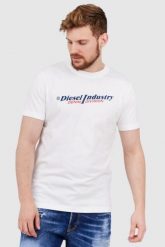 DIESEL Biały t-shirt męski z granatowym logo, Rozmiar L. Białe t-shirty męskie Diesel, l, bez wzorów, prążkowane, bez kołnierzyka. W wyprzedaży za 269.99 zł.