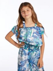 Guess Bluzka J3GH00 WA2T0 Niebieski Regular Fit. Niebieskie bluzki dla dziewczynek Guess, z aplikacjami, z syntetyku, bez kołnierzyka, bez ramiączek. Za 179.99 zł.