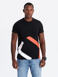 Bawełniany męski t-shirt z kontrastowym dwukolorowym printem – czarny V1 - Rozmiar: S. Czarne t-shirty męskie Ombre Clothing, m, bez wzorów, z bawełny, bez kołnierzyka. Za 109.99 zł.