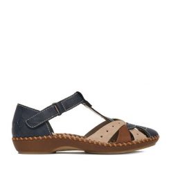 Sandały Rieker. Niebieskie sandały damskie Rieker, bez wzorów, bez obcasa, na płaskiej podeszwie, bez zapięcia. Za 339.99 zł.