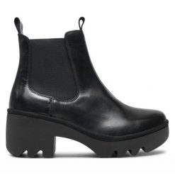 Sztyblety Fly London. Czarne botki damskie Fly London, bez obcasa, na słupku, bez zapięcia. Za 539.99 zł.
