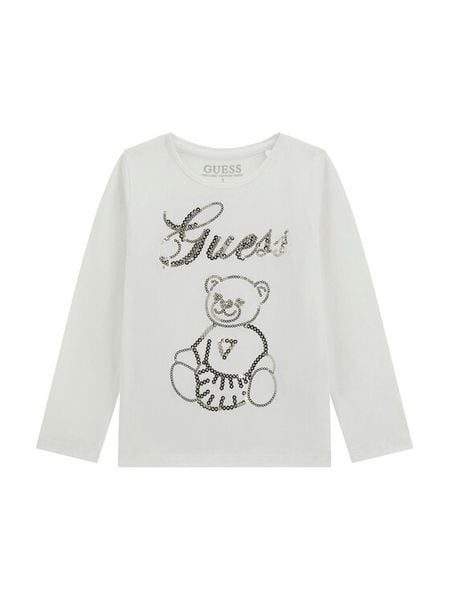 Guess Bluzka K5BI03 J1314 Biały Regular Fit. Białe bluzki dla dziewczynek Guess, z aplikacjami, z bawełny, bez ramiączek. Za 59.99 zł.