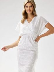 Sukienka Model A698 White - awama. Białe sukienki damskie Awama, na sylwestra, l, bez wzorów, z weluru, eleganckie, bez kołnierzyka, plus size, bez ramiączek, midi, dopasowane. Za 441.32 zł.