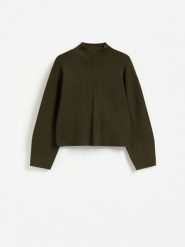 Sweter z dodatkiem wiskozy - ciemnozielony. Zielone swetry damskie Reserved, l, bez wzorów, z dzianiny, bez kołnierzyka, bez ramiączek, krótkie, bez kaptura. Za 129.99 zł.