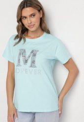 Jasnoniebieski T-shirt z Bawełny Ozdobiony Napisem i Cyrkoniami Olireth. Niebieskie bluzki damskie Born2be, l, bez wzorów, z bawełny, eleganckie, bez kołnierzyka. Za 34.99 zł.