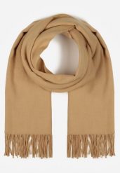 Ciemnobeżowy Gładki Szalik z Frędzlami Vetiela. Brązowe szaliki i chusty damskie Born2be, na zimę, bez wzorów, z jeansu, eleganckie. Za 34.99 zł.