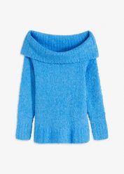 Sweter off-shoulder. Niebieskie swetry damskie bonprix, bez wzorów, bez kołnierzyka, bez ramiączek, bez kaptura. Za 149.99 zł.