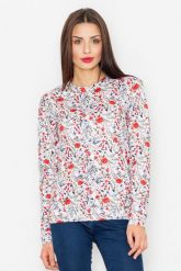 Ecru Klasyczna Bluza w Kolorowe Kwiaty. Bluzki damskie Figl, l, bez wzorów, z materiału, klasyczne, bez kołnierzyka, bez ramiączek. Za 209.00 zł.