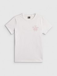 4F T-shirt regular z nadrukiem damski - biały S. Białe t-shirty damskie 4f, s, bez wzorów, z bawełny, klasyczne, bez kołnierzyka. Za 59.99 zł.