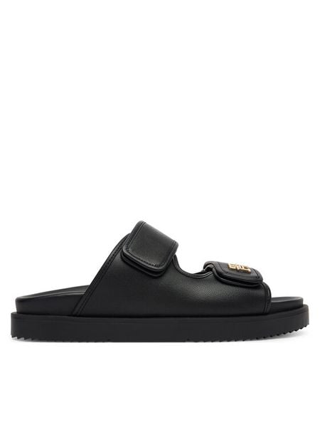 Tommy Hilfiger Klapki Double Strap Leather Sandal FW0FW09121 Czarny. Czarne klapki damskie Tommy Hilfiger, bez wzorów, ze skóry, bez obcasa. Za 427.99 zł.