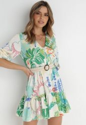 Biała Sukienka z Paskiem Metiera. Białe sukienki damskie Born2be, m, bez wzorów, bez kołnierzyka, bez ramiączek, mini, rozkloszowane. Za 29.99 zł.
