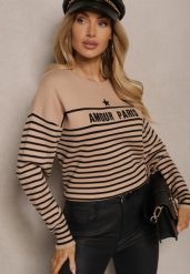Beżowy Sweter z Bawełną Ozdobiony Haftowanym Napisem i Paskami Zeanika. Brązowe swetry damskie Renee, bez wzorów, z bawełny, casualowe, bez kołnierzyka, bez ramiączek, bez kaptura. Za 79.99 zł.