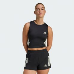 Koszulka adi365 Iconic Running Crop Tank. Czarne koszulki sportowe damskie Adidas, bez wzorów, bez kołnierzyka, bez ramiączek. Za 129.00 zł.