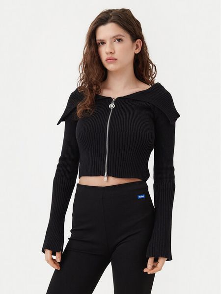 HUGO Kardigan 50532257 Czarny Regular Fit. Czarne kardigany damskie Hugo, xl, bez wzorów, z bawełny, bez kołnierzyka, bez ramiączek, bez kaptura. Za 309.99 zł.