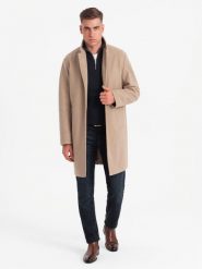Męski płaszcz jednorzędowy bez podszewki – beżowy V7 - Rozmiar: XXL. Brązowe płaszcze męskie Ombre Clothing, m, bez wzorów, z materiału, eleganckie, bez kaptura. W wyprzedaży za 359.99 zł.