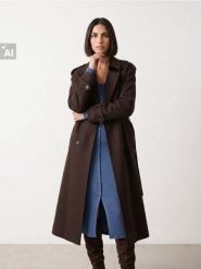 Dwurzędowy płaszcz loose fit z paskiem - brązowy. Brązowe płaszcze damskie Sinsay, l, bez wzorów, bez kaptura. Za 149.99 zł.