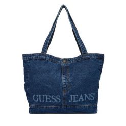 Torebka Guess Jeans. Niebieskie torebki do ręki damskie Guess Jeans, z aplikacjami, z jeansu, bez dodatków. Za 149.99 zł.