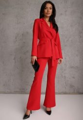Czerwony Komplet o Garniturowym Kroju z Marynarką z Wiązaniem i Spodniami Falestra. Czerwone żakiety damskie Renee, m, bez wzorów, casualowe. Za 219.99 zł.