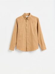 Koszula slim z bawełny merceryzowanej - brązowy. Brązowe koszule męskie Reserved, l, bez wzorów, z bawełny, bez kołnierzyka, bez ramiączek. Za 129.99 zł.