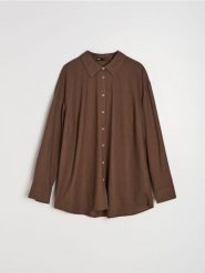 Koszula z domieszką lnu - brązowy. Brązowe koszule damskie Sinsay, xl, bez wzorów, bez kołnierzyka, bez ramiączek. Za 49.99 zł.