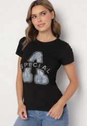 Czarny Bawełniany T-shirt Ozdobiony Napisem i Cyrkoniami Isnorea. Czarne bluzki damskie Born2be, m, bez wzorów, z bawełny, glamour, bez kołnierzyka. Za 34.99 zł.