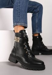 Czarne Botki Workery na Płaskiej Podeszwie Ozdobione Paskiem z Klamrą Betida. Czarne botki damskie Renee, z jeansu, biznesowe, bez obcasa, na płaskiej podeszwie, bez zapięcia. Za 129.99 zł.