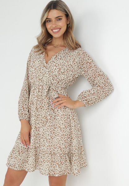 Beżowa Sukienka Midi z Gumką w Pasie i Kopertowym Dekoltem Zephone. Brązowe sukienki damskie Born2be, l, bez wzorów, z materiału, bez kołnierzyka, bez ramiączek, midi, kopertowe. Za 79.99 zł.