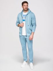 Komplet dresowy męski set bluza rozpinana z kapturem + spodnie z prosta nogawką - jasnoniebieski V7. Niebieskie bluzy męskie Ombre Clothing, m, z aplikacjami, z bawełny, z kapturem. Za 339.99 zł.