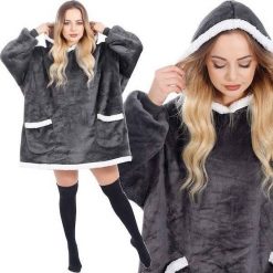 Springos Kocobluza damska oversize koc bluza 2w1 z kapturem ciepła grafitowa UNIWERSALNY. Szare bluzy damskie SPRINGOS, uniwersalny, bez wzorów, z kapturem. Za 58.63 zł.
