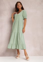 Miętowa Sukienka Prixassa. Zielone sukienki damskie Renee, na lato, s, z aplikacjami, z bawełny, bez kołnierzyka, bez ramiączek, maxi, rozkloszowane. Za 49.99 zł.