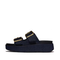 Damskie sandały na koturnie FitFlop Gen-FF Max. Niebieskie sandały damskie FIT FLOP, bez wzorów, z denimu, bez obcasa, na koturnie, bez zapięcia. Za 678.50 zł.