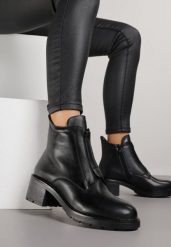 Czarne Botki ze Skóry Naturalnej na Słupku Ozdobione Przeszyciami Deleisa. Czarne botki damskie Renee, z jeansu, eleganckie, bez obcasa, na obcasie, bez zapięcia. Za 219.99 zł.