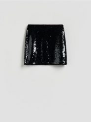 Cekinowa spódnica mini - czarny. Czarne spódnice damskie Reserved, l, bez wzorów, z dzianiny, mini, dopasowane. Za 99.99 zł.