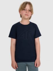 4F T-shirt regular z nadrukiem chłopięcy - granatowy 134 (8-9 lat). Niebieskie t-shirty dla chłopców 4f, bez wzorów, z bawełny, bez ramiączek. Za 39.99 zł.