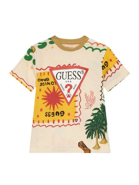 Guess T-Shirt N6GI02 K8HM4 Beżowy Regular Fit. Brązowe t-shirty dla chłopców Guess, z aplikacjami, z bawełny, bez ramiączek. Za 87.99 zł.