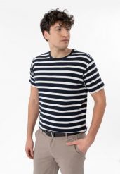 T-shirt w paski TM-HARALD. Niebieskie t-shirty męskie Volcano, m, bez wzorów, z bawełny, klasyczne, bez kołnierzyka. Za 79.99 zł.