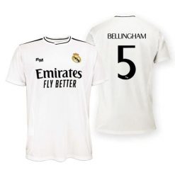 Koszulka domowa unisex Real Madryt 2024-25 Premium Replica - Bellingham 5. Białe koszulki sportowe męskie Real Madrid, s, bez wzorów, bez kołnierzyka, bez ramiączek, do piłki nożnej. W wyprzedaży za 214.52 zł.
