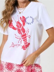 Bawełniana koszulka z nadrukiem wakacyjnym z motywem raka - biały. Białe t-shirty damskie Sinsay, l, bez wzorów, z bawełny, wakacyjne, bez kołnierzyka. Za 25.99 zł.