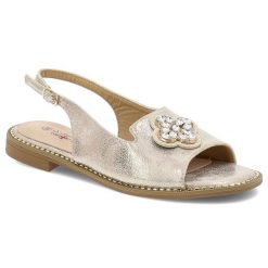 Sandały damskie S. Barski, eleganckie na płaskim obcasie z eko skóry z ozdobą, jasne złoto, KV51-080. Żółte sandały damskie S.BARSKI, z aplikacjami, ze skóry, bez obcasa, na płaskiej podeszwie, bez zapięcia. Za 109.00 zł.