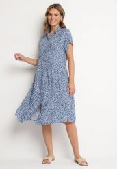 Granatowa Bawełniana Sukienka Koszulowa w Kwiaty z Rozkloszowanym Dołem Jerilsa. Niebieskie sukienki damskie Born2be, na co dzień, l, bez wzorów, z bawełny, eleganckie, bez kołnierzyka, bez ramiączek, midi, koszulowe. Za 39.99 zł.