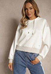 Biała Bluza z Kapturem Ozdobiona Ściągaczami i Metaliczną Nitką Ulisiela. Białe bluzy damskie Renee, m, bez wzorów, z jeansu, z kapturem. Za 69.99 zł.