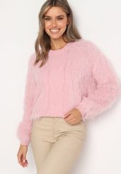 Różowy Sweter z Długim Włosiem i Dodatkiem Wełny Merithina. Czerwone swetry damskie Born2be, uniwersalny, bez wzorów, z dzianiny, eleganckie, bez kołnierzyka, bez ramiączek, długie, bez kaptura. Za 69.99 zł.