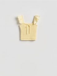 Bluzka z wiązaniem - jasnożółty. Żółte bluzki damskie Reserved, l, bez wzorów, z bawełny, bez kołnierzyka, bez ramiączek. Za 99.99 zł.