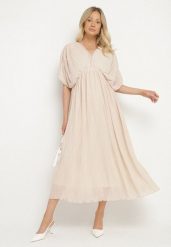 Beżowa Sukienka Rozkloszowana z Wiązaniem na Szyi o Luźnym Kroju Napila. Brązowe sukienki damskie Born2be, na co dzień, l, bez wzorów, eleganckie, bez kołnierzyka, bez ramiączek, maxi, rozkloszowane. Za 129.99 zł.
