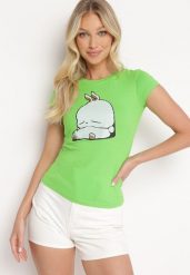 Jasnozielony Bawełniany T-shirt z Ozdobnym Nadrukiem Ianestra. Zielone bluzki damskie Born2be, m, bez wzorów, z bawełny, bez kołnierzyka. Za 34.99 zł.