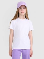 4F T-shirt regular gładki dziewczęcy - biały 128 (7-8 lat). Białe t-shirty i topy dla dziewczynek 4f, bez wzorów, z bawełny, bez ramiączek. Za 29.99 zł.