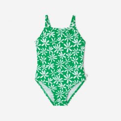 Strój jednoczęściowy dla malucha Nabaiji Madina Łąka. Zielone stroje kąpielowe dla dziewczynek Decathlon, bez wzorów, z elastanu. Za 29.99 zł.