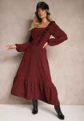 Bordowa Sukienka Ozdobiona Falbanami o Rozkloszowanym Kroju Alleira. Czerwone sukienki damskie Renee, na co dzień, z aplikacjami, eleganckie, bez kołnierzyka, bez ramiączek, maxi, proste. Za 74.99 zł.