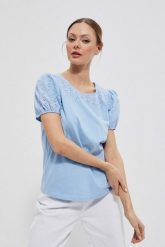 Bawełniana bluzka z bufkami. Niebieskie bluzki damskie MOODO, l, bez wzorów, z bawełny, bez kołnierzyka, bez ramiączek. W wyprzedaży za 19.99 zł.